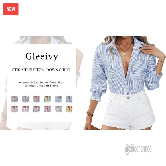 Oversized Button Down Shirt Smocked Cuff Long Sleeve Blouse Pocket - Picture 7 of 8